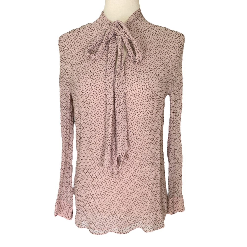 LK Bennett Blush Pink Polka Dot Print Pussycat Tie Neck Crinkle Blouse - 8